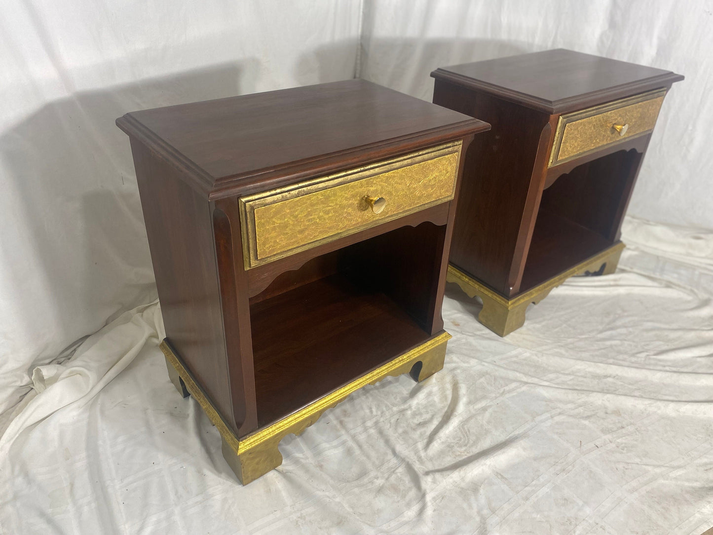 Exquisite Pair of Vintage Mahogany Nightstands Gold Accents