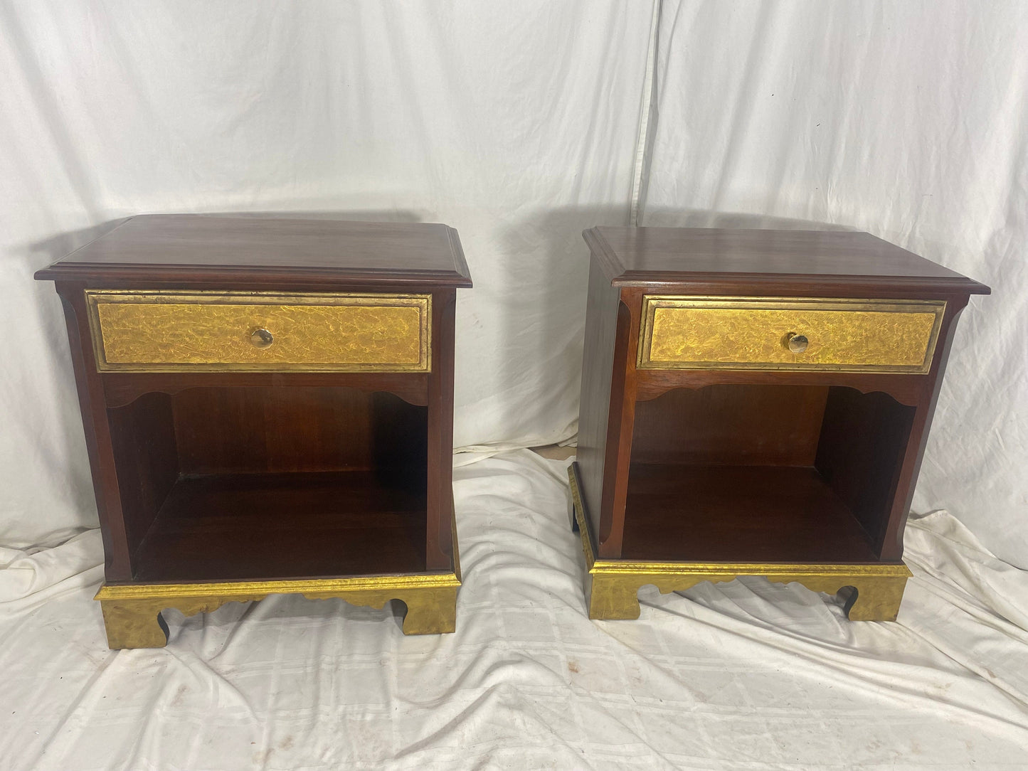 Exquisite Pair of Vintage Mahogany Nightstands Gold Accents 2