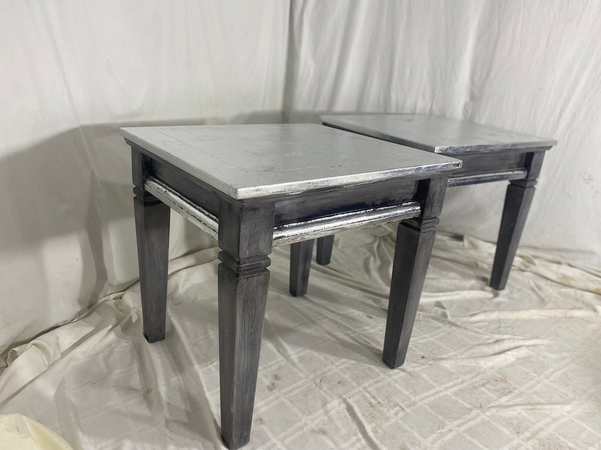 Luxurious Pair of Silver Leaf Side Tables Vintage Furniture 2