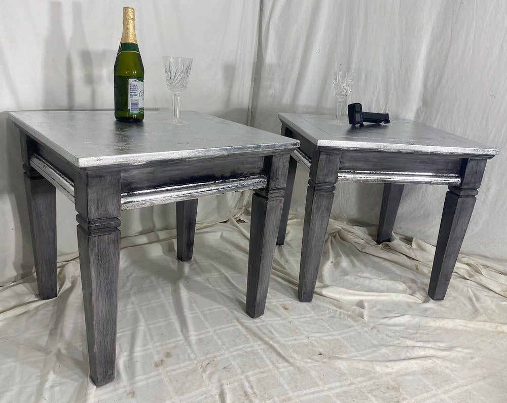 Luxurious Pair of Silver Leaf Side Tables Vintage Furniture